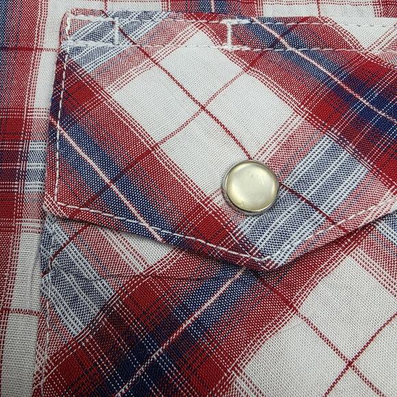 Wrangler Wrancher Shirt Mens XLT Red White Blue Plaid Pearl Snap Western Rodeo - Picture 12 of 15